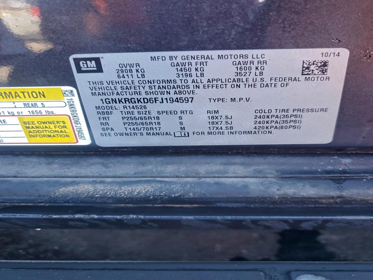 2015 Chevrolet Traverse Lt VIN: 1GNKRGKD6FJ194597 Lot: 94048795