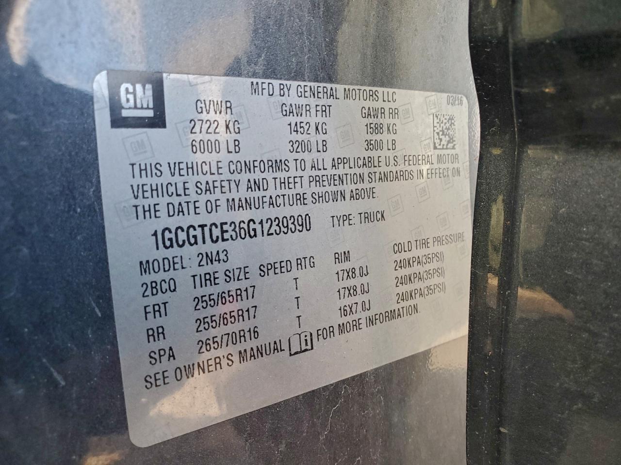 2016 Chevrolet Colorado Lt VIN: 1GCGTCE36G1239390 Lot: 93638735