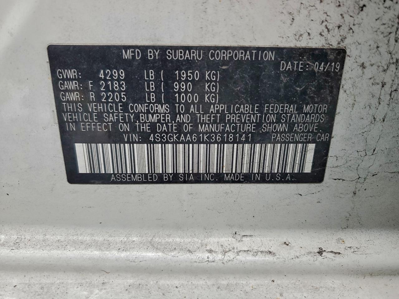 2019 Subaru Impreza VIN: 4S3GKAA61K3618141 Lot: 93773555