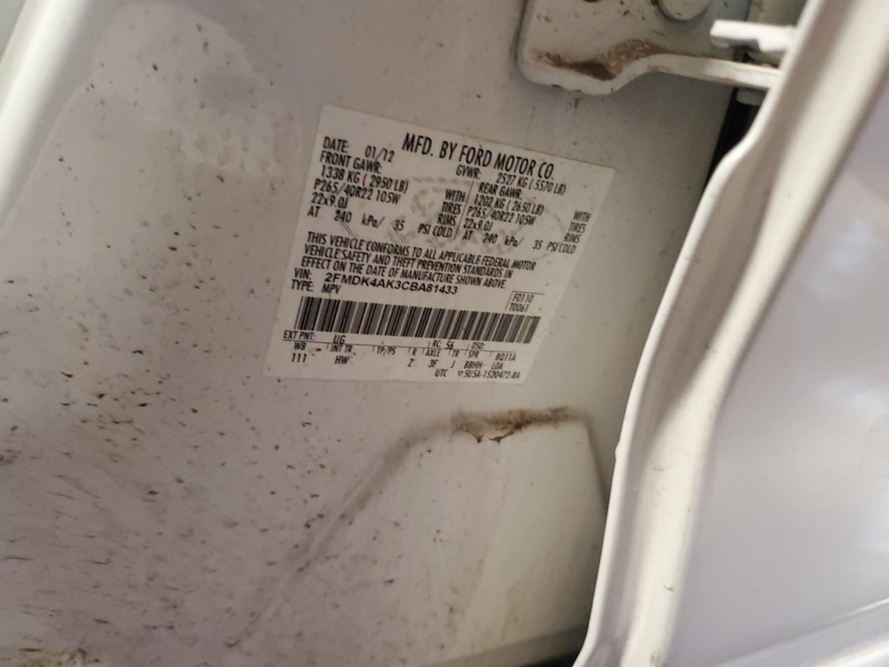 2012 Ford Edge Sport VIN: 2FMDK4AK3CBA81433 Lot: 91312885