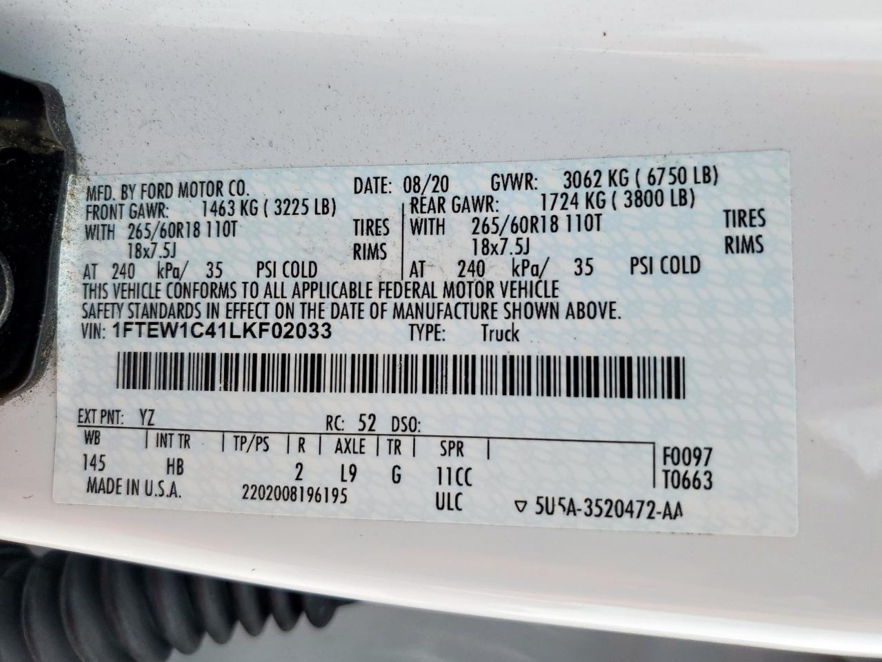 2020 Ford F150 Supercrew VIN: 1FTEW1C41LKF02033 Lot: 92574535