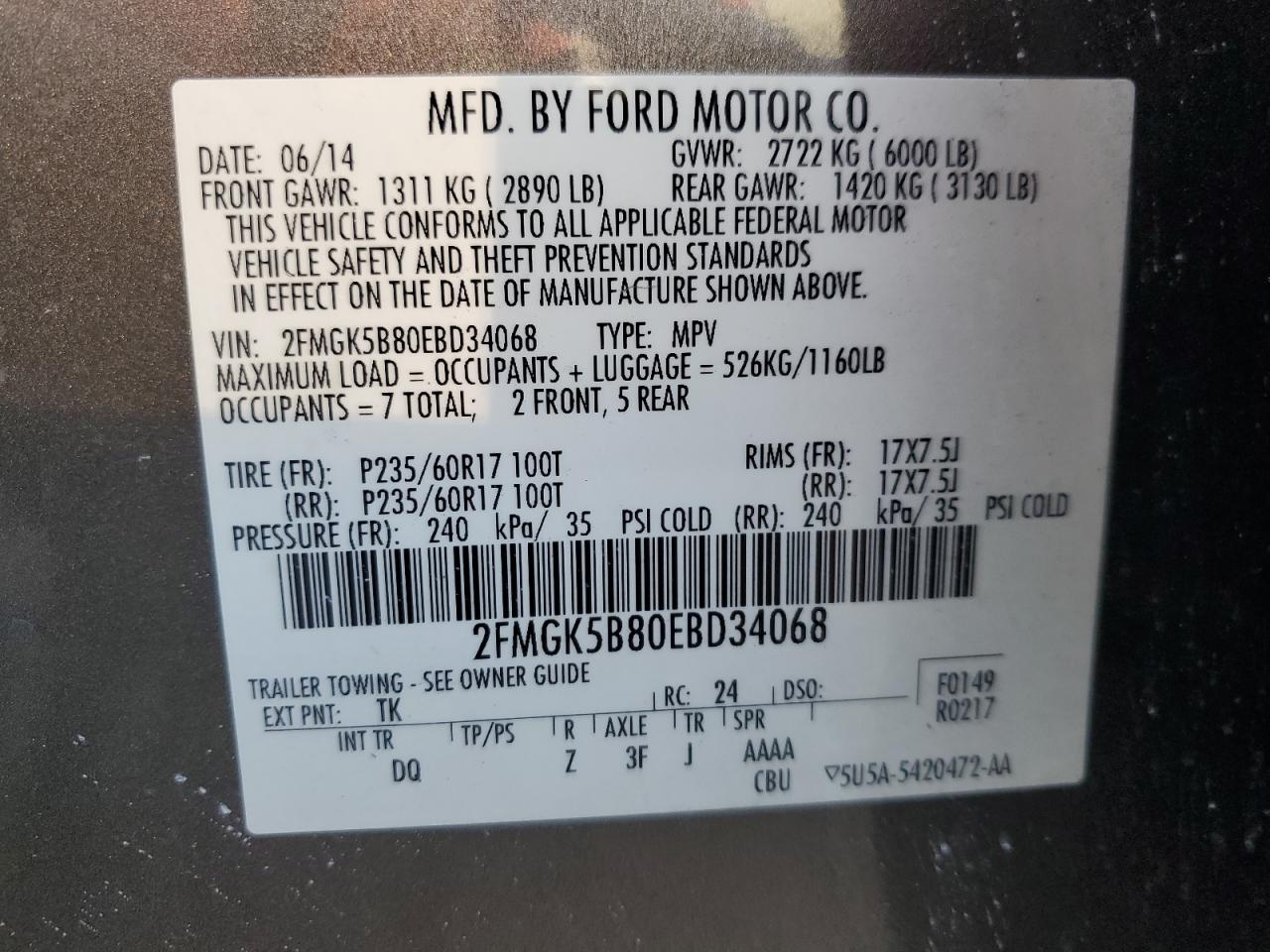 2014 Ford Flex Se VIN: 2FMGK5B80EBD34068 Lot: 93132395