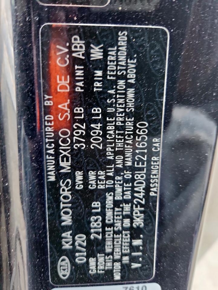 2020 Kia Forte Fe VIN: 3KPF24AD8LE216560 Lot: 92939985
