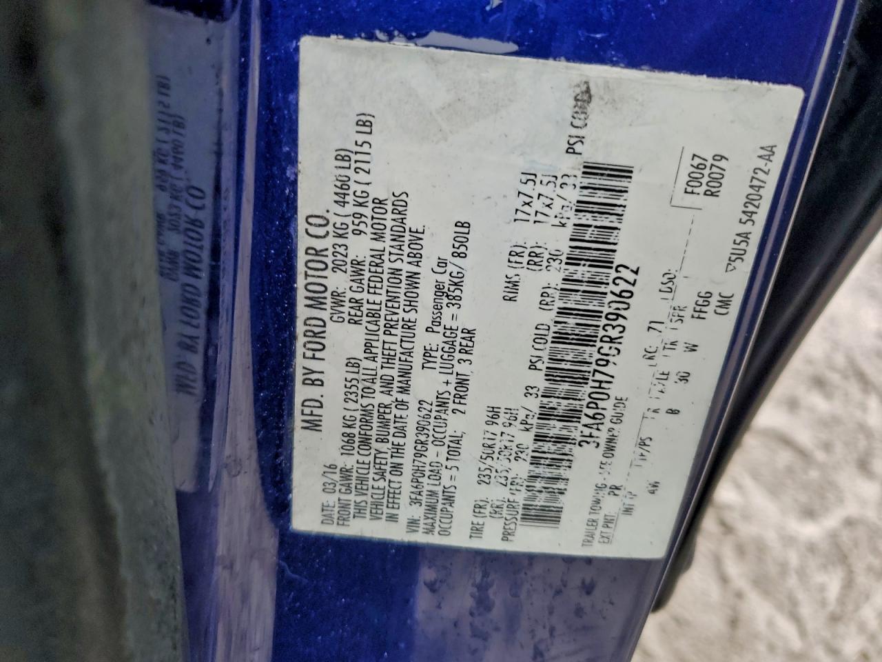 2016 Ford Fusion Se VIN: 3FA6P0H79GR390622 Lot: 91646555