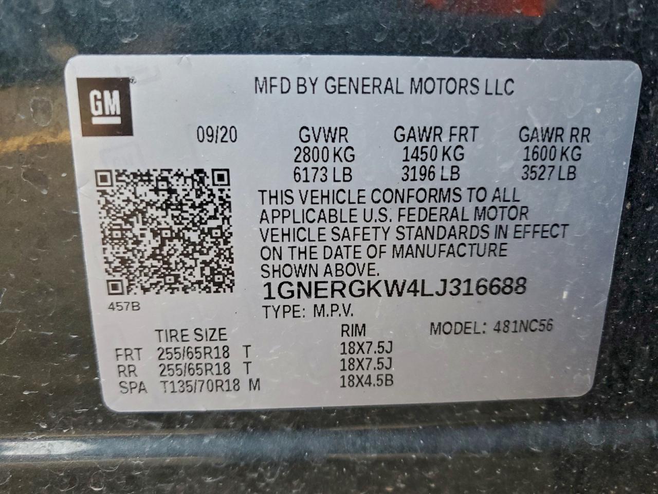 2020 Chevrolet Traverse Lt VIN: 1GNERGKW4LJ316688 Lot: 93628385