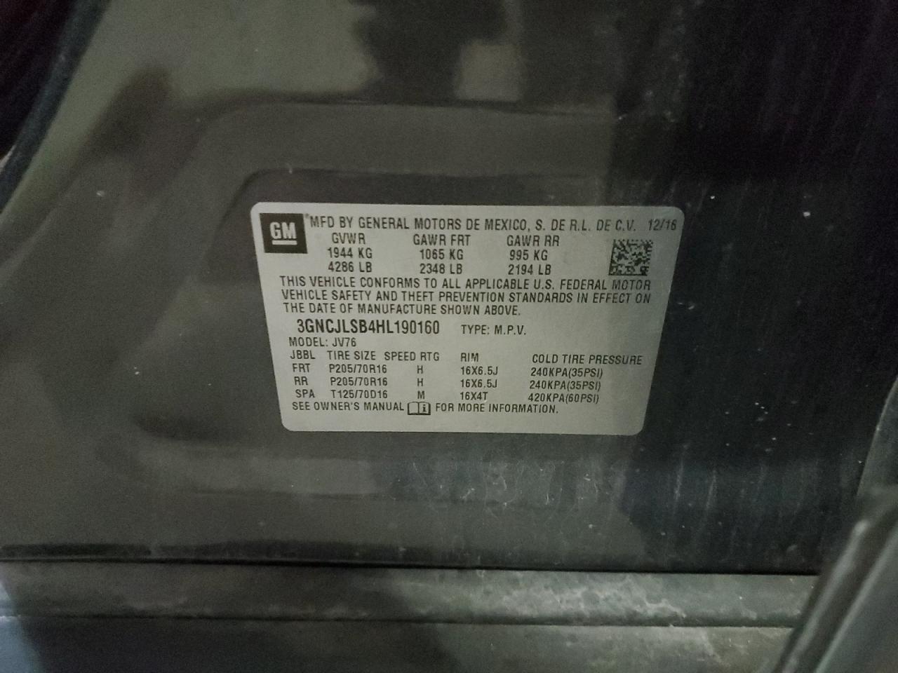 2017 Chevrolet Trax 1Lt VIN: 3GNCJLSB4HL190160 Lot: 91923895