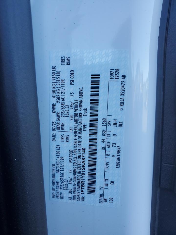 2025 Ford Transit T-250 Delivery Van VIN: 1FTBR1Y81SKA87140 Lot: 93038175