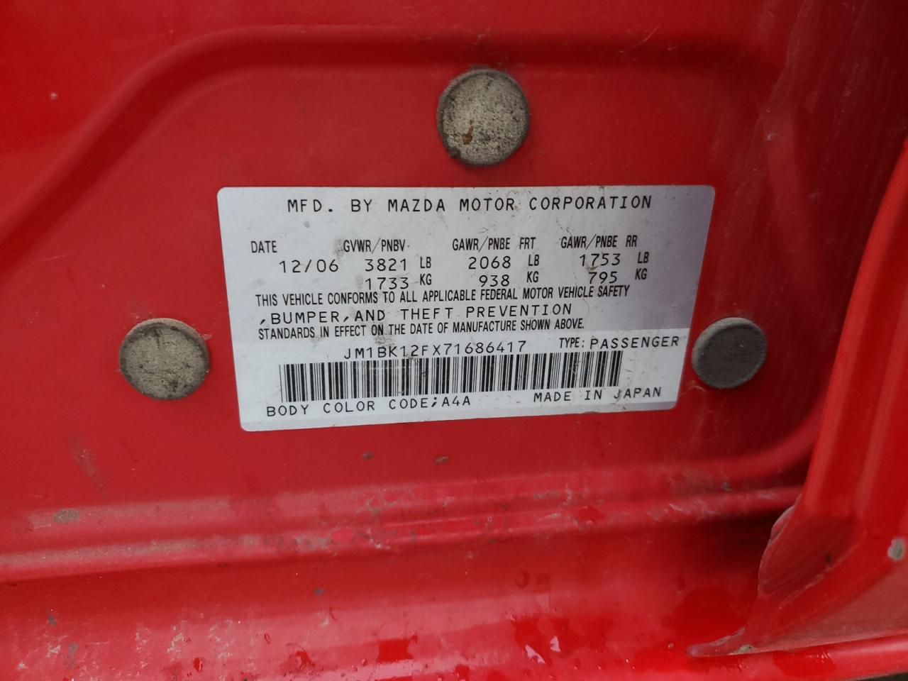 2007 Mazda 3 I VIN: JM1BK12FX71686417 Lot: 93665115