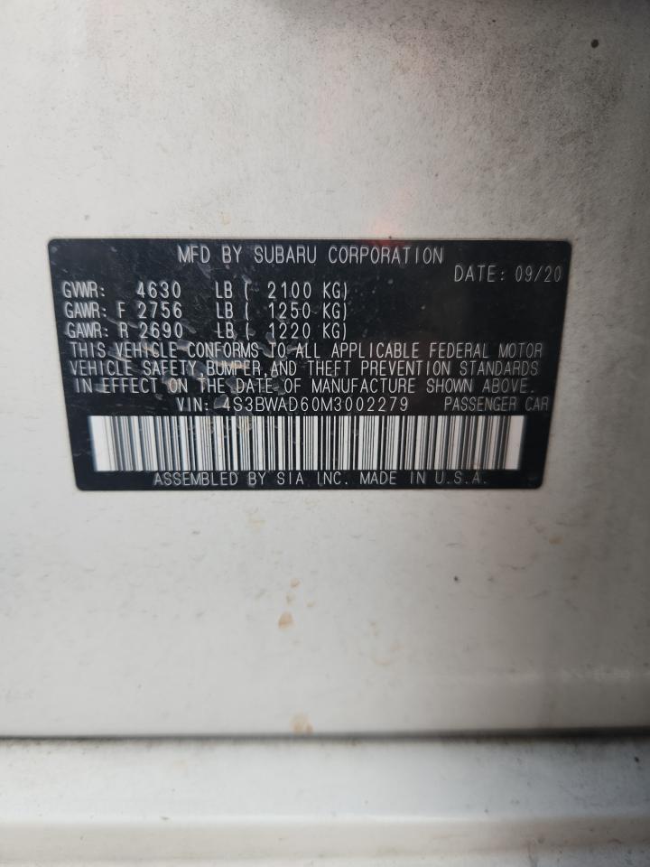 2021 Subaru Legacy Premium VIN: 4S3BWAD60M3002279 Lot: 92757365