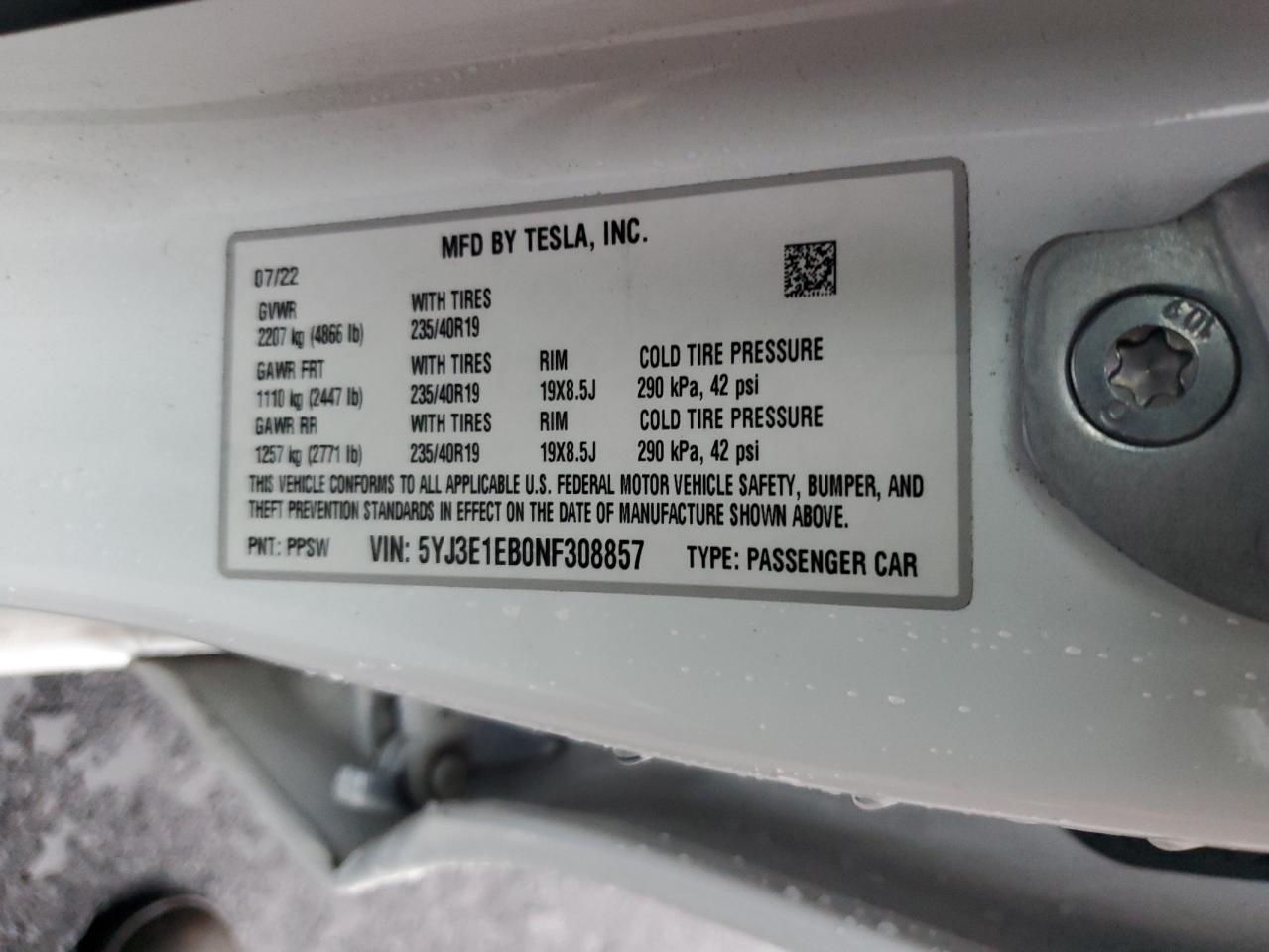 2022 Tesla Model 3 VIN: 5YJ3E1EB0NF308857 Lot: 92639985