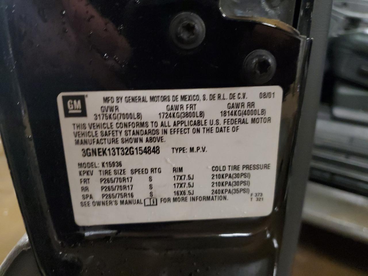 2002 Chevrolet Avalanche K1500 VIN: 3GNEK13T32G154848 Lot: 93040595