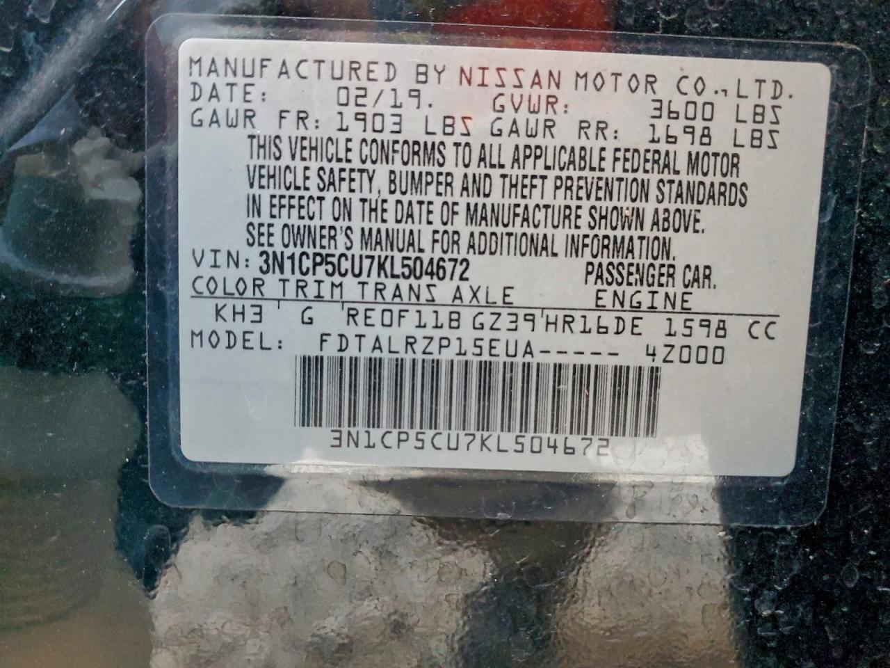 2019 Nissan Kicks S VIN: 3N1CP5CU7KL504672 Lot: 94101715