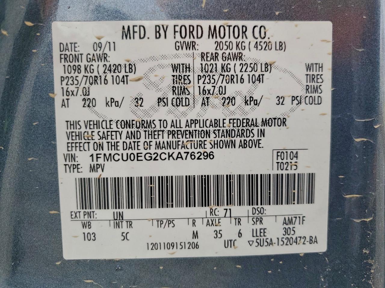 2012 Ford Escape Limited VIN: 1FMCU0EG2CKA76296 Lot: 93554685