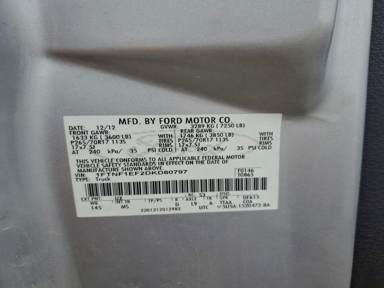 2013 Ford F150 VIN: 1FTNF1EF2DKD80797 Lot: 93826335