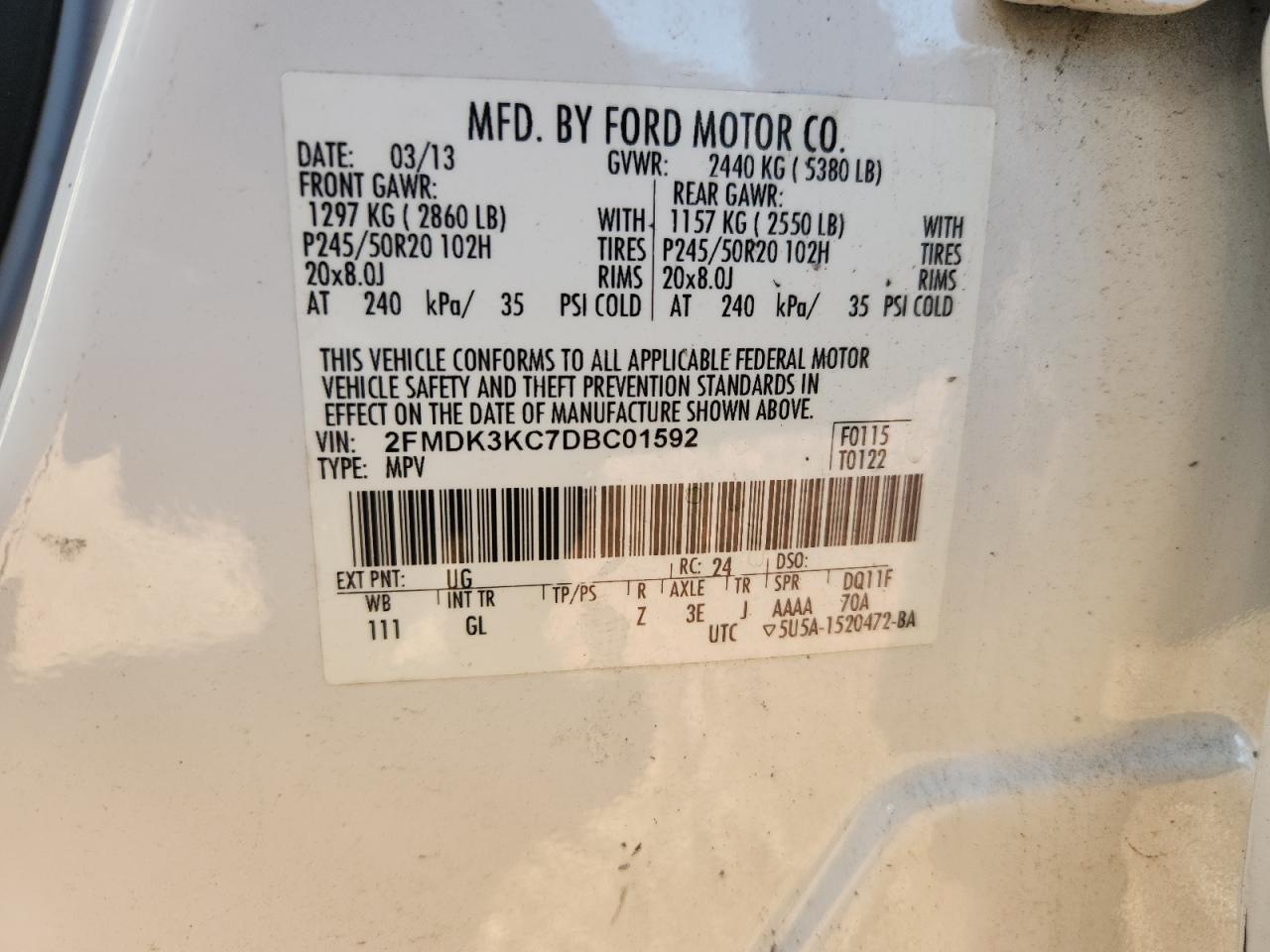 2013 Ford Edge Limited VIN: 2FMDK3KC7DBC01592 Lot: 91817665