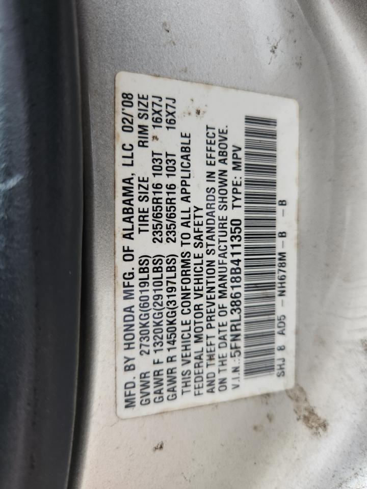 2008 Honda Odyssey Exl VIN: 5FNRL38618B411350 Lot: 92313165