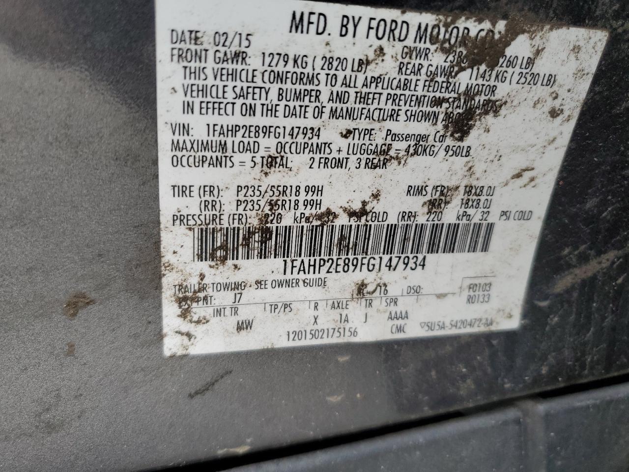 2015 Ford Taurus Sel VIN: 1FAHP2E89FG147934 Lot: 93716795