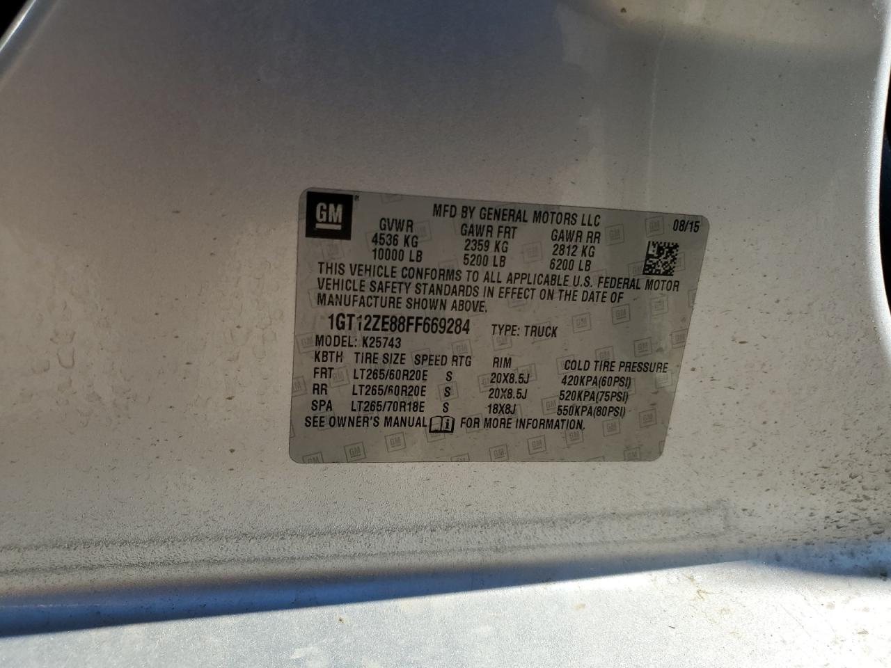 2015 GMC Sierra K2500 Slt VIN: 1GT12ZE88FF669284 Lot: 93243675