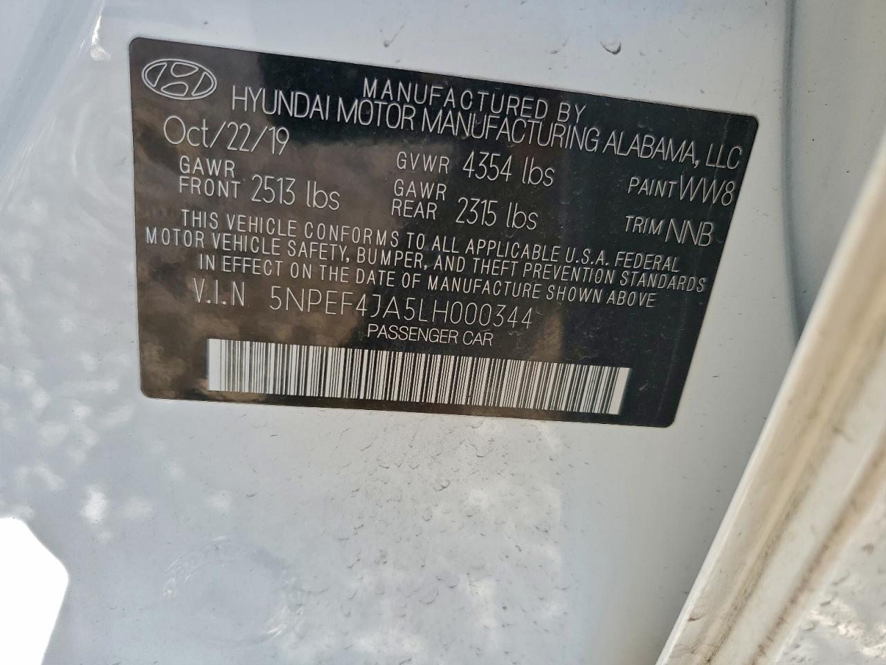 2020 Hyundai Sonata Sel VIN: 5NPEF4JA5LH000344 Lot: 94403295