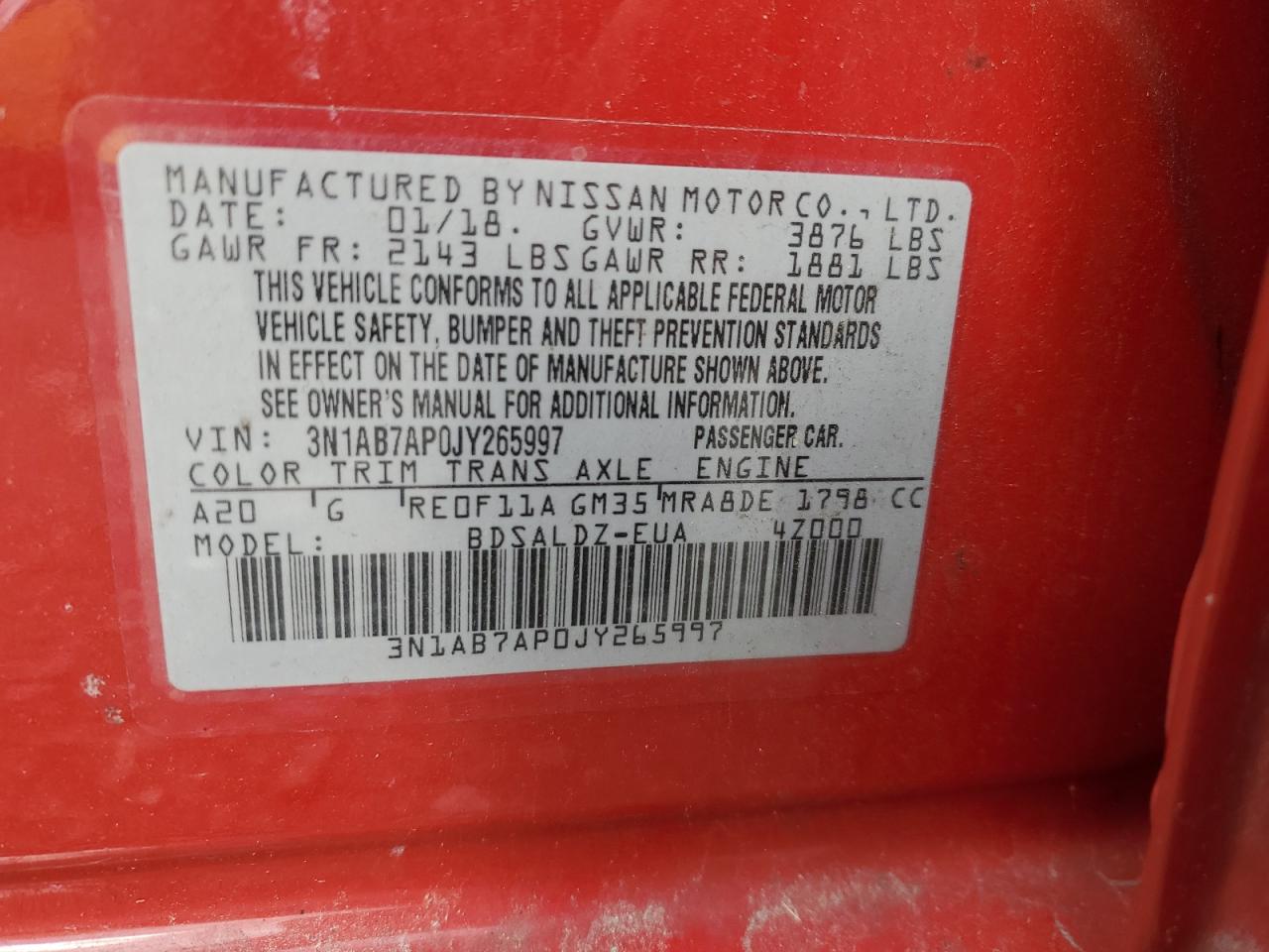 2018 Nissan Sentra S VIN: 3N1AB7AP0JY265997 Lot: 91392375