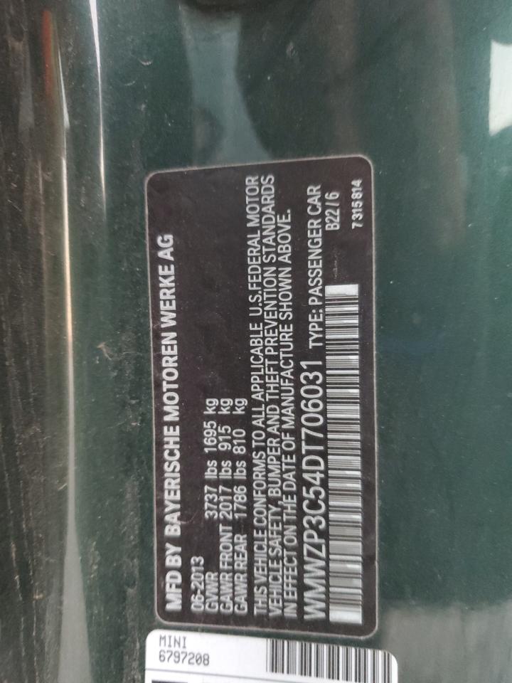 2013 Mini Cooper S VIN: WMWZP3C54DT706031 Lot: 93527195