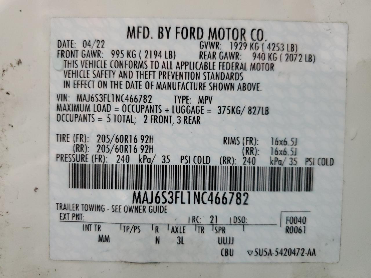 2022 Ford Ecosport S VIN: MAJ6S3FL1NC466782 Lot: 95549035