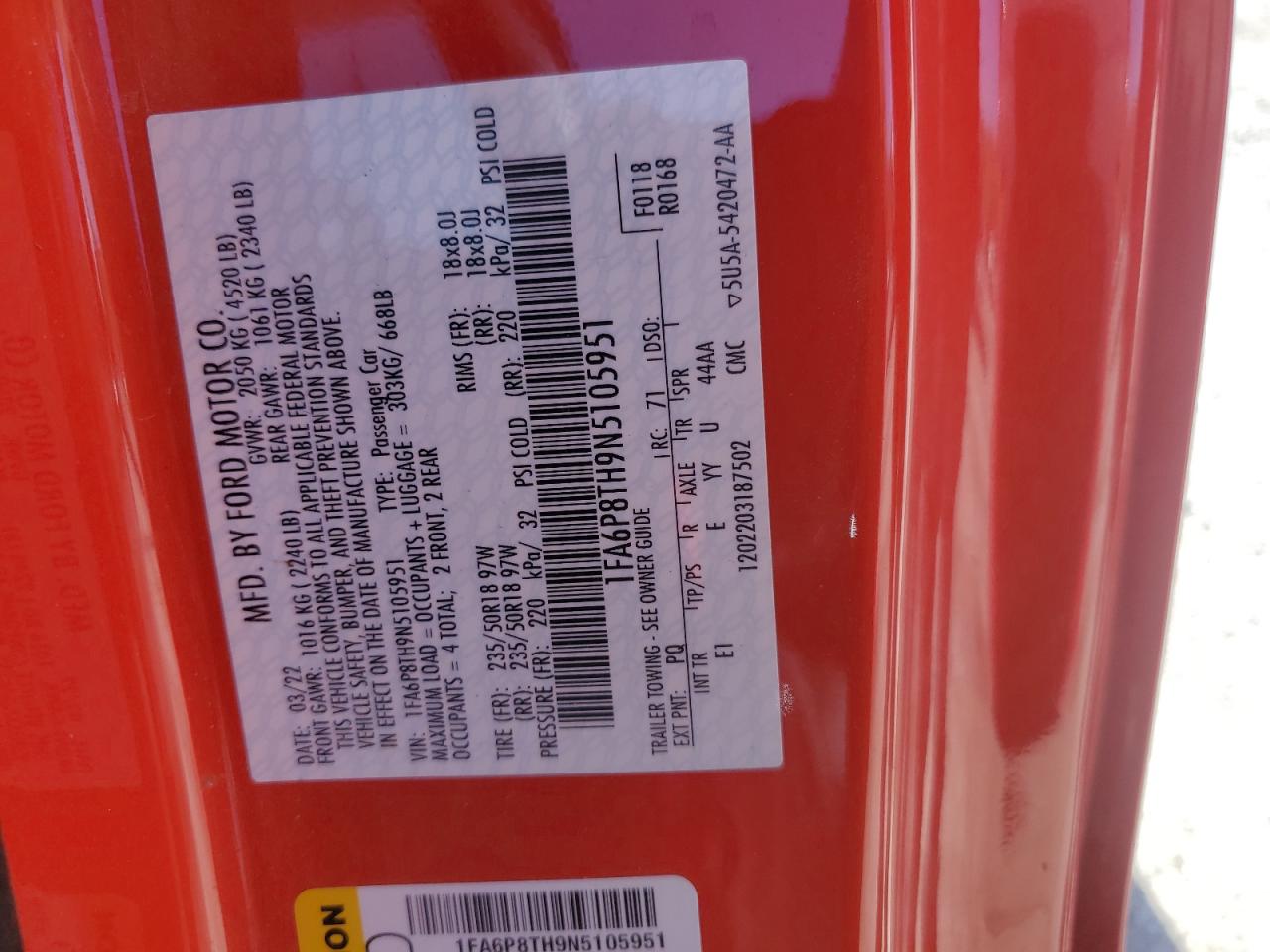 2022 Ford Mustang VIN: 1FA6P8TH9N5105951 Lot: 91342855