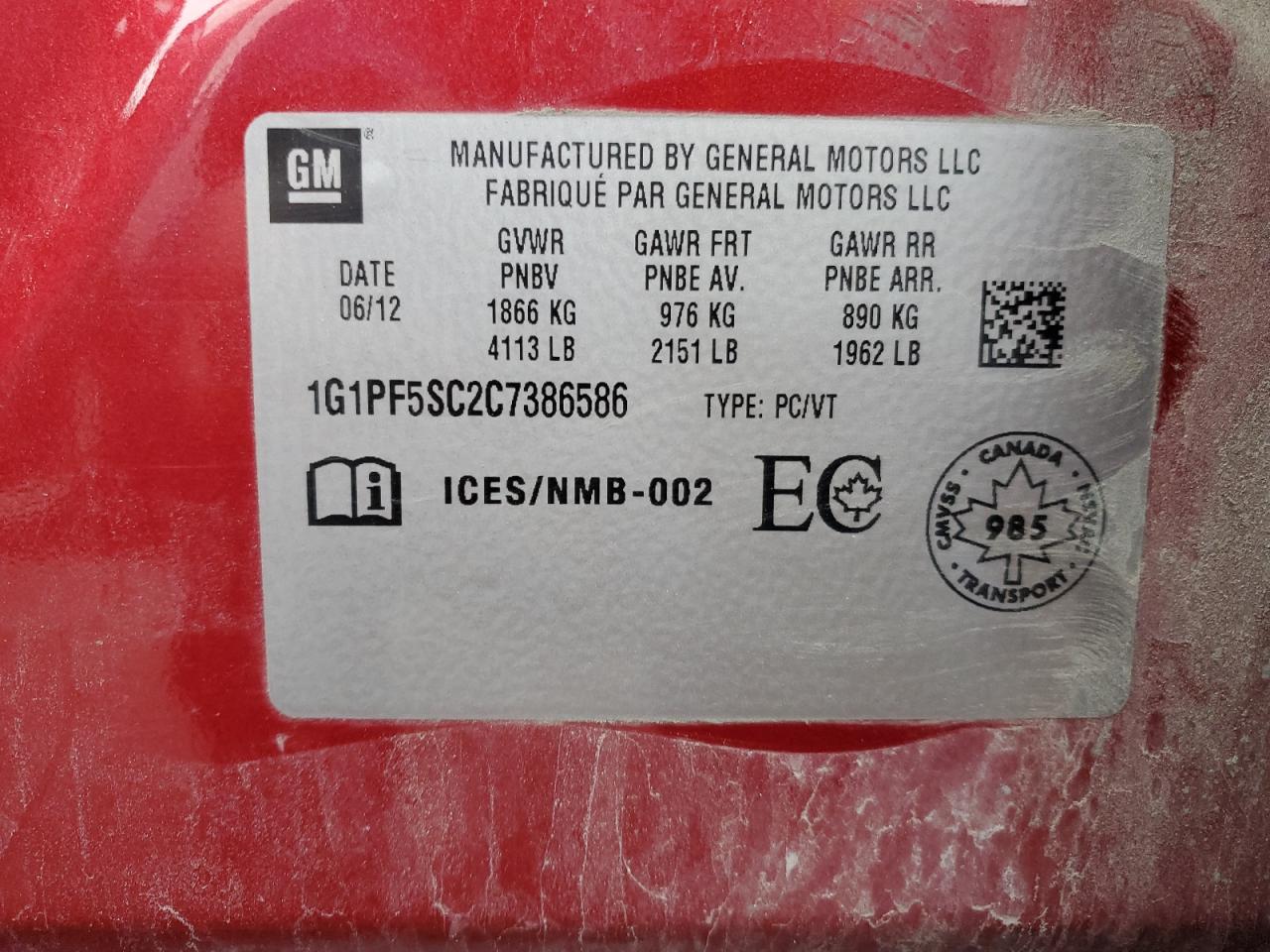 2012 Chevrolet Cruze Lt VIN: 1G1PF5SC2C7386586 Lot: 89476925