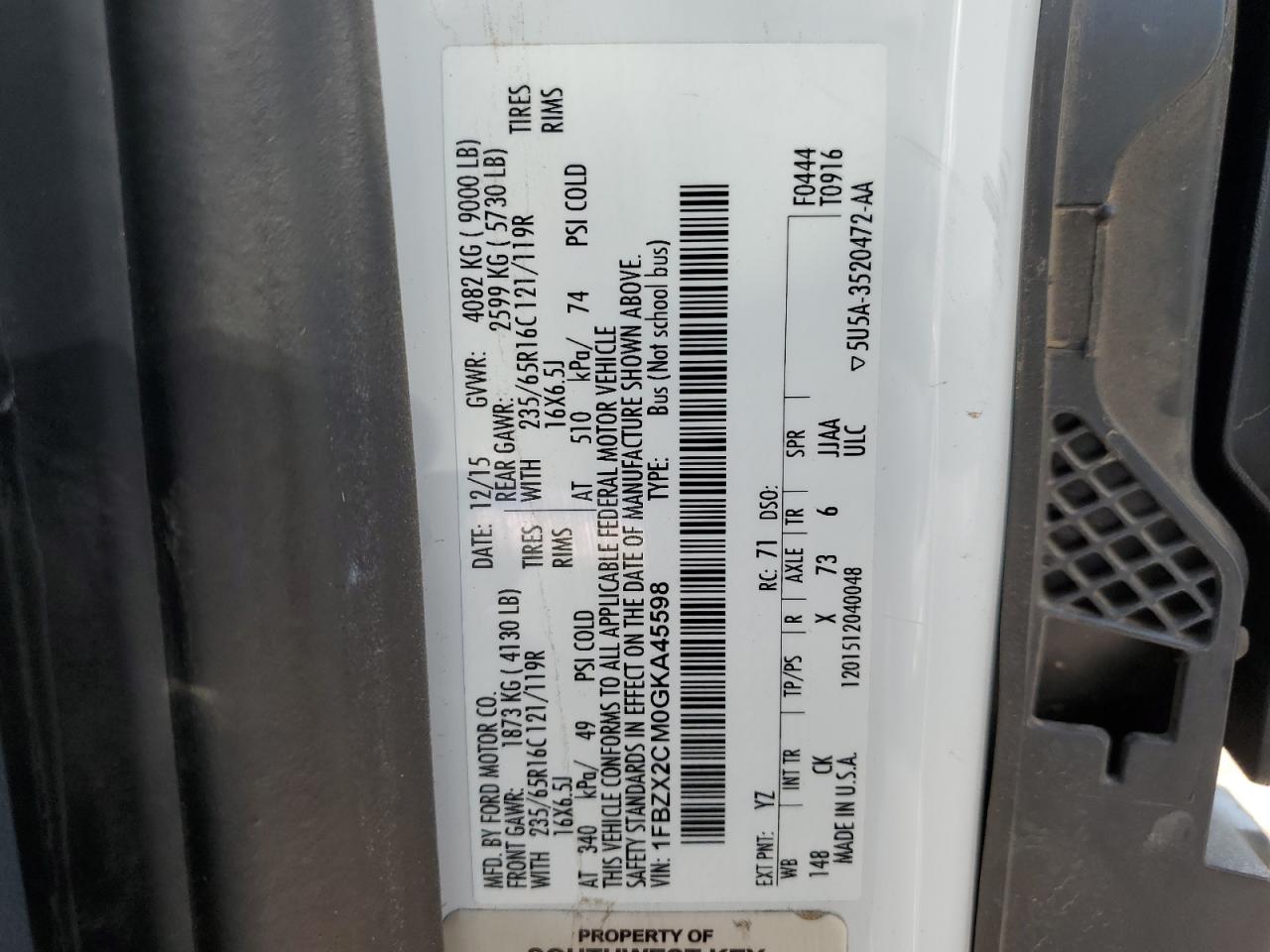 2016 Ford Transit T-350 VIN: 1FBZX2CM0GKA45598 Lot: 91262905