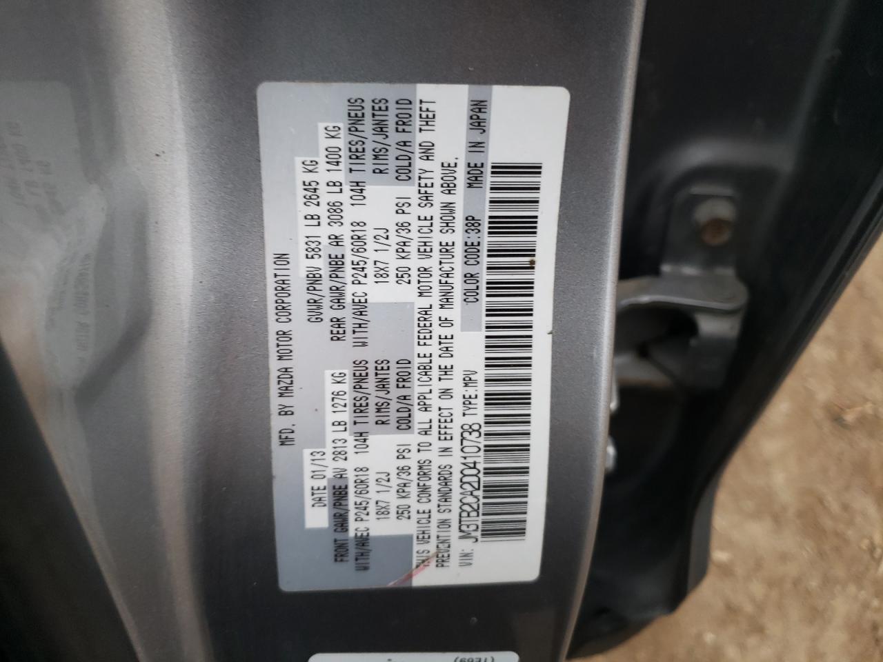 2013 Mazda Cx-9 Touring VIN: JM3TB2CA2D0410738 Lot: 93387835