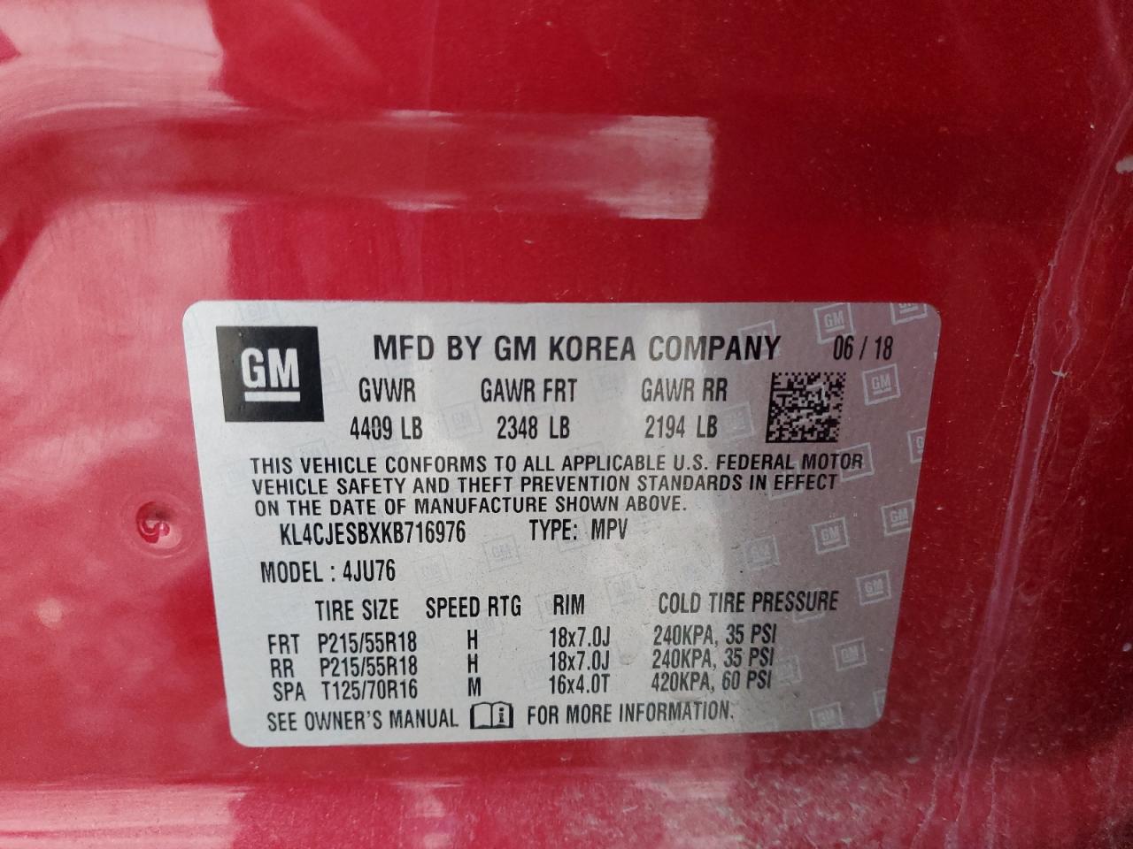 2019 Buick Encore Preferred VIN: KL4CJESBXKB716976 Lot: 93278095