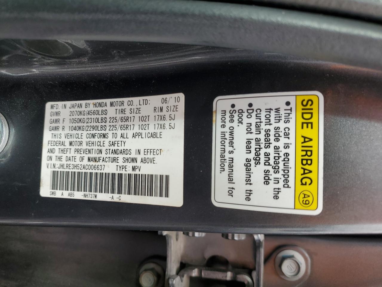 2010 Honda Cr-V Ex VIN: JHLRE3H52AC006637 Lot: 93127245