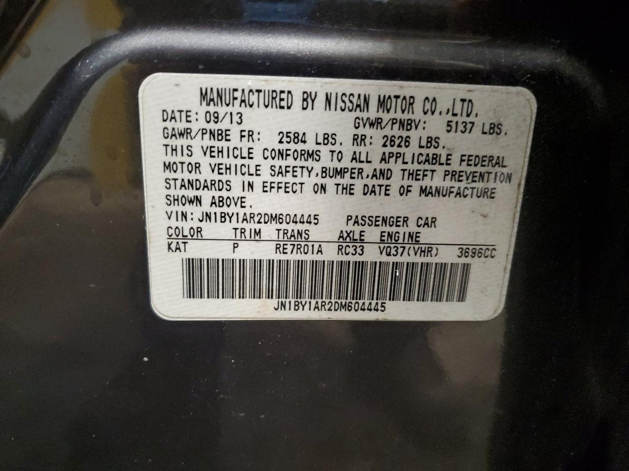 2013 Infiniti M37 X VIN: JN1BY1AR2DM604445 Lot: 93205455