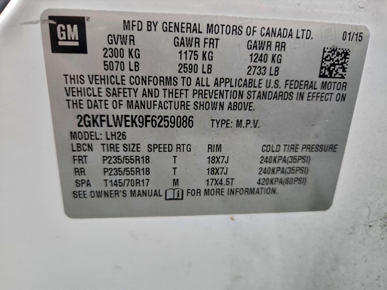 2015 GMC Terrain Sle VIN: 2GKFLWEK9F6259086 Lot: 93401445