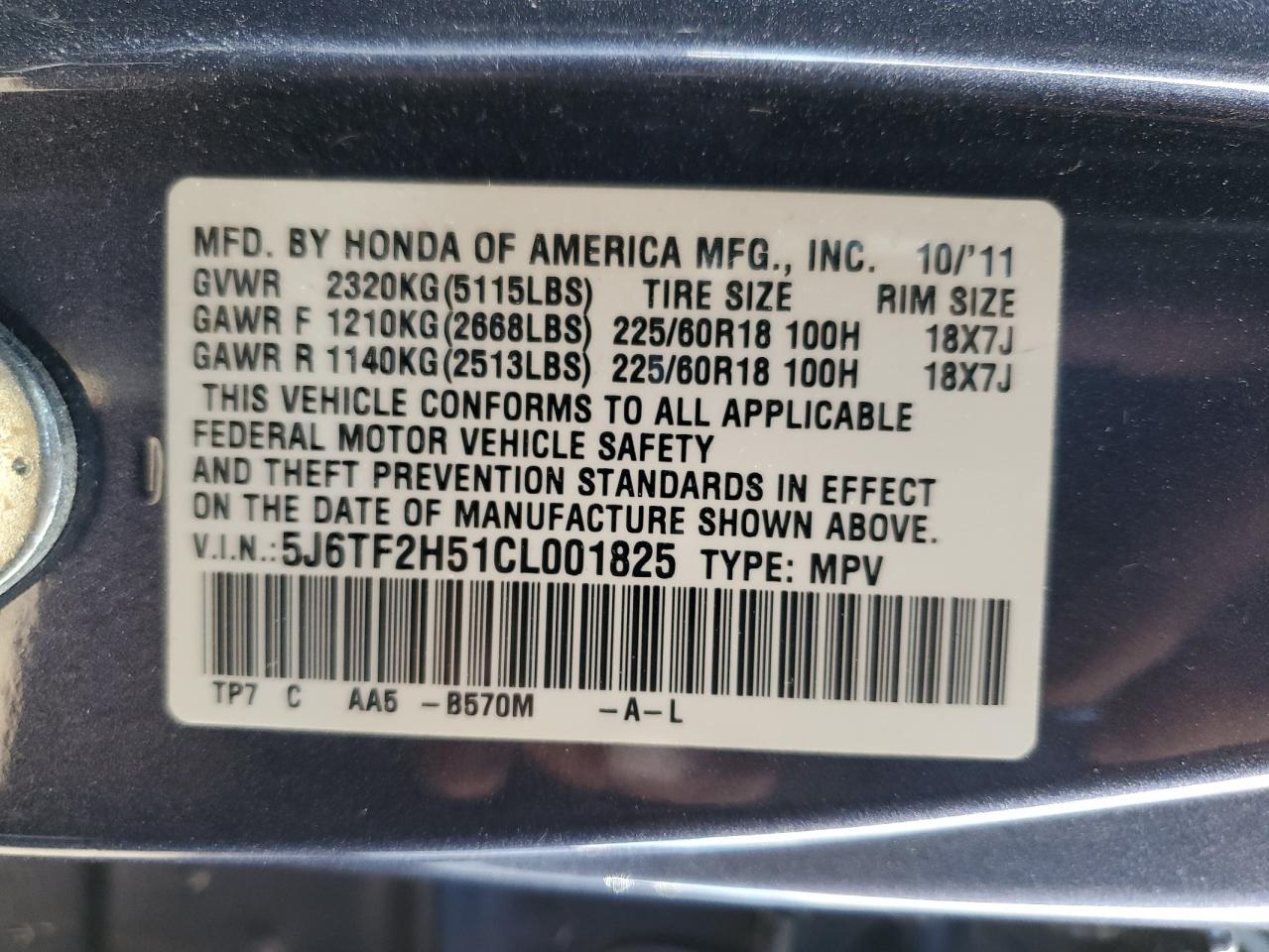 2012 Honda Crosstour Exl VIN: 5J6TF2H51CL001825 Lot: 90672215