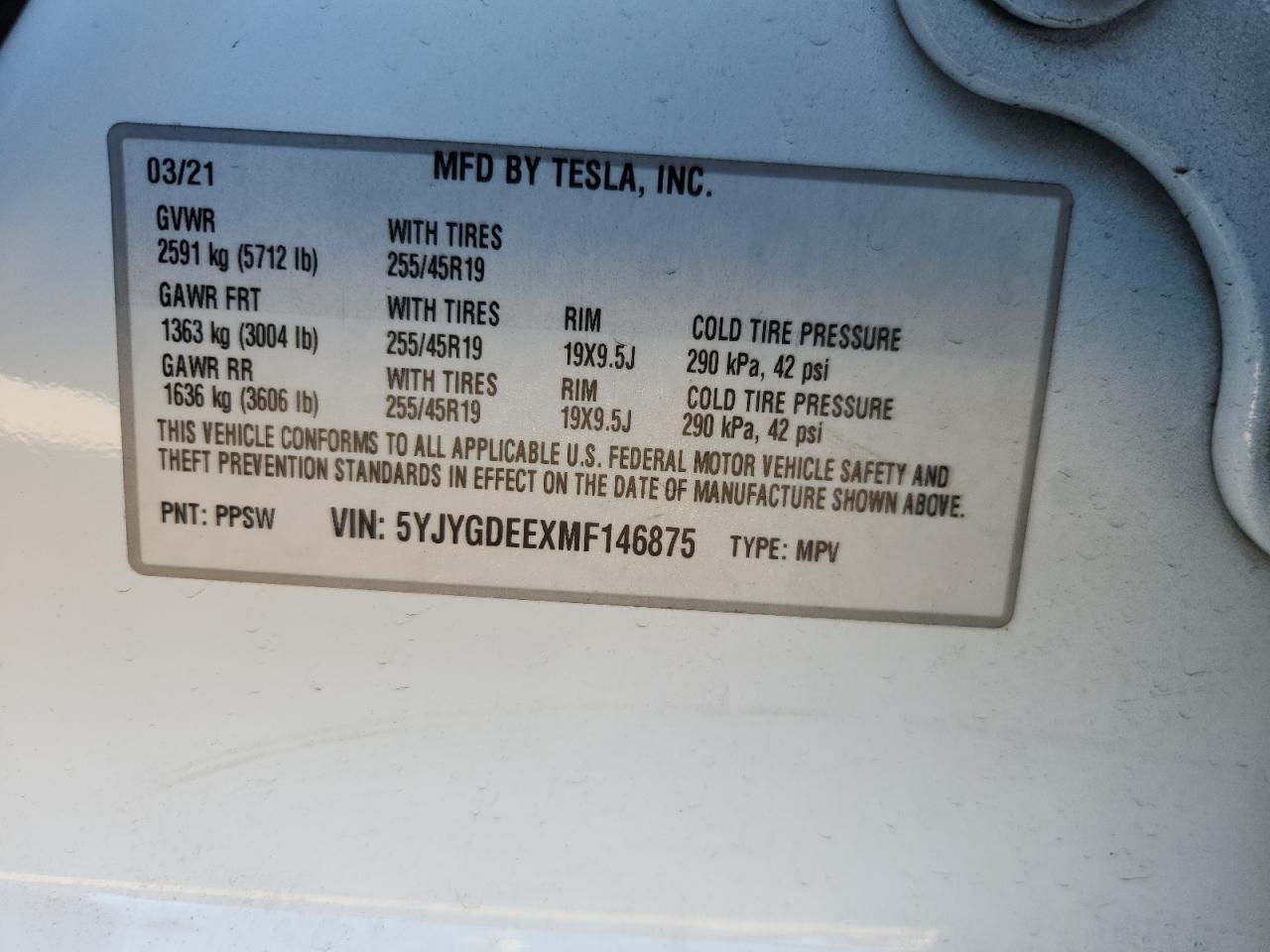 2021 Tesla Model Y VIN: 5YJYGDEEXMF146875 Lot: 92803665