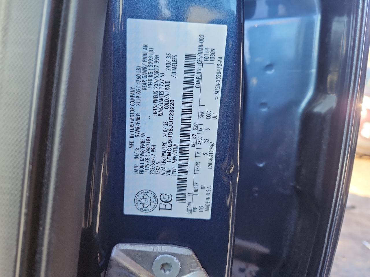 2018 Ford Escape Sel VIN: 1FMCU9HD8JUC23020 Lot: 91741645