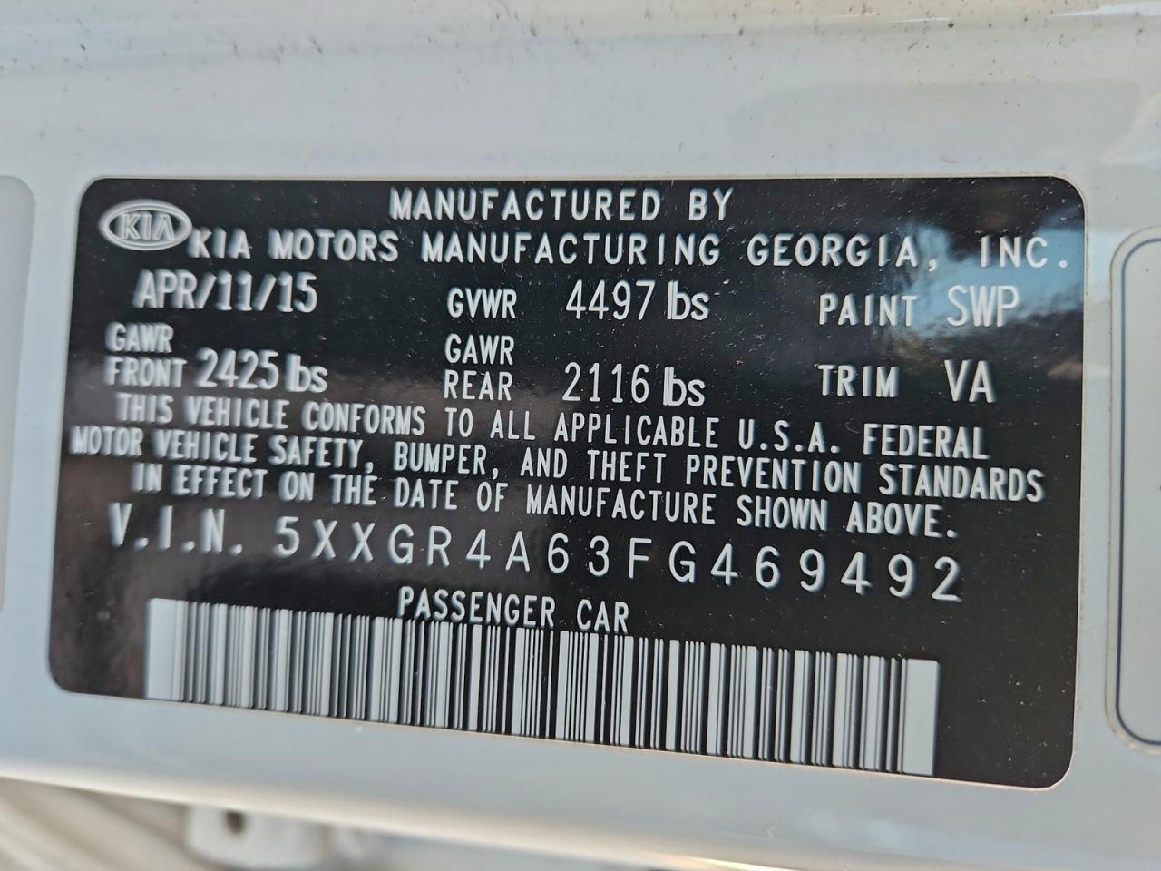 2015 Kia Optima Sx VIN: 5XXGR4A63FG469492 Lot: 93748695