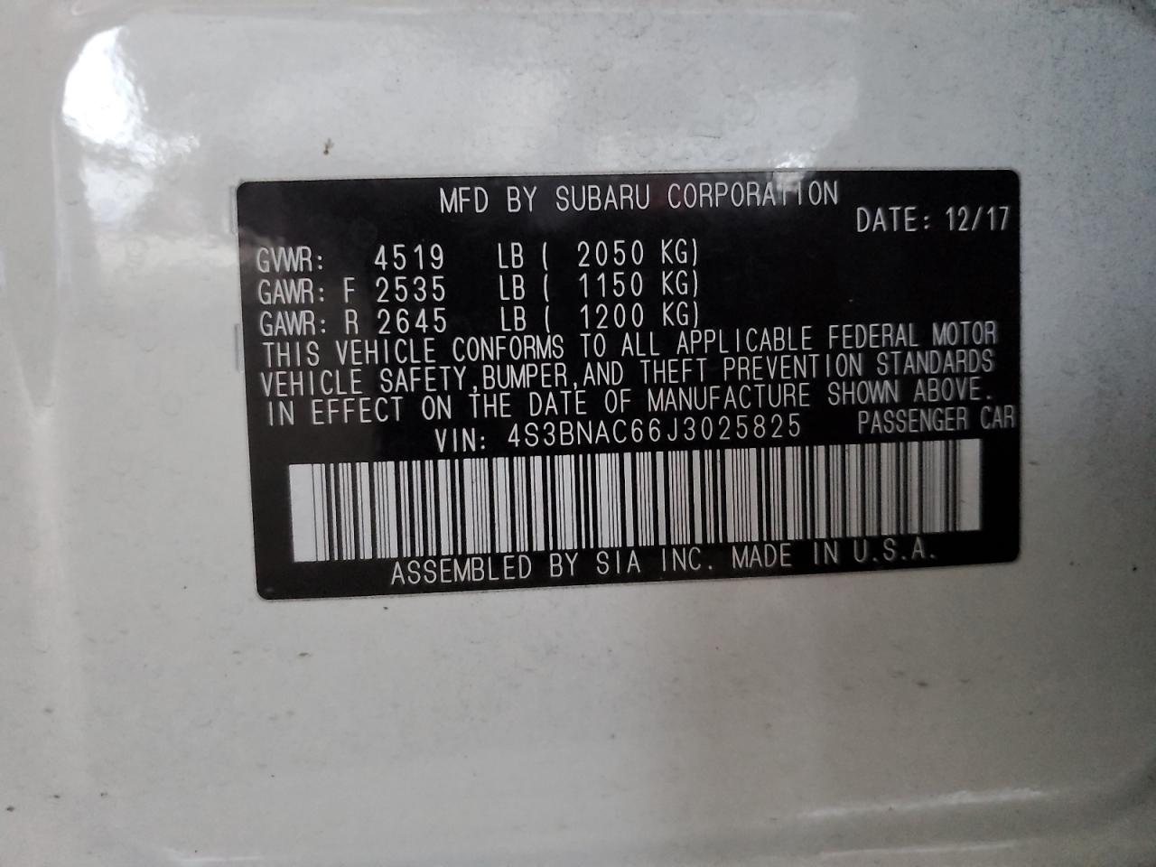 2018 Subaru Legacy 2.5I Premium VIN: 4S3BNAC66J3025825 Lot: 93898425