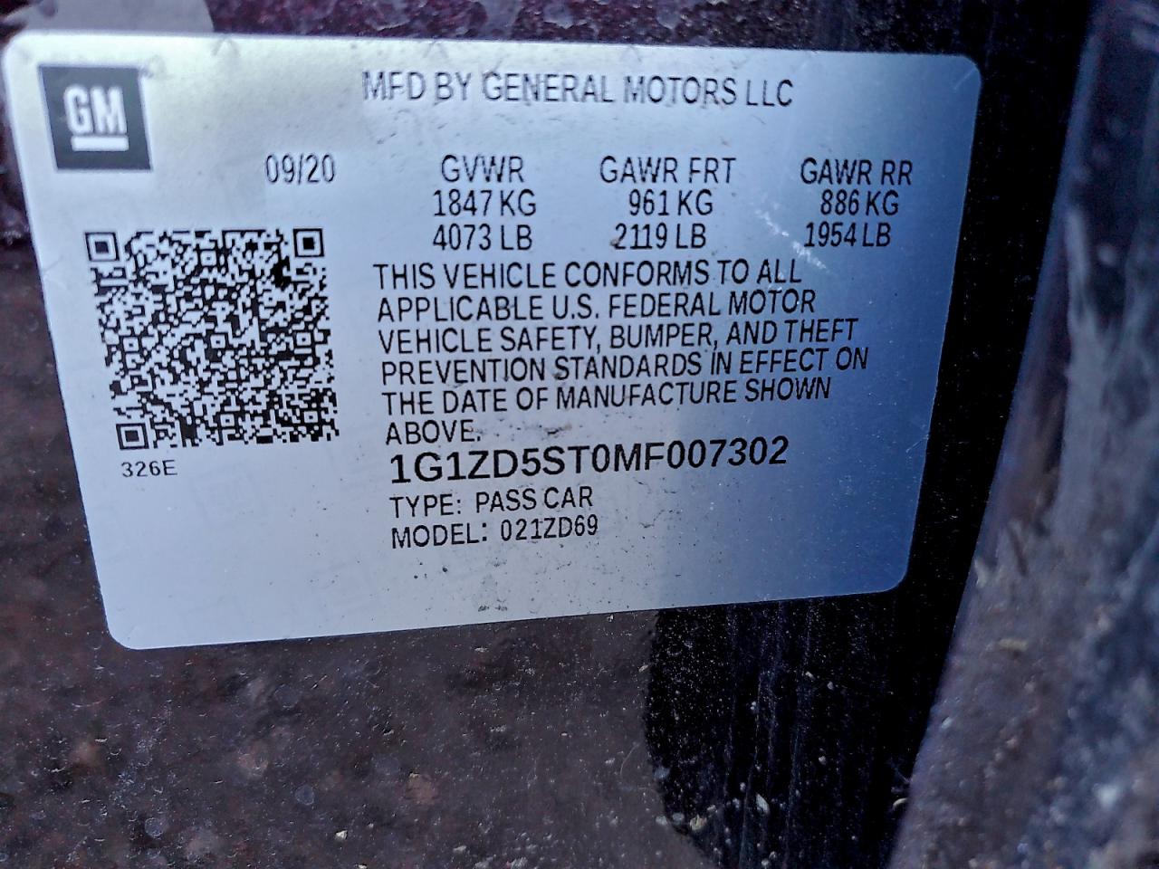 2021 Chevrolet Malibu Lt VIN: 1G1ZD5ST0MF007302 Lot: 93704325