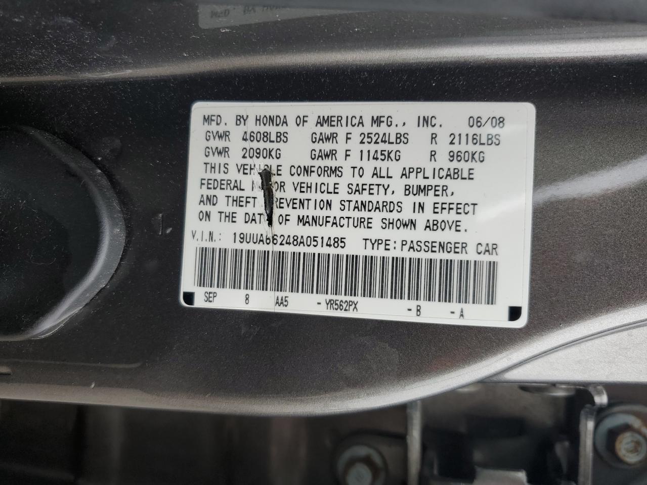 2008 Acura Tl VIN: 19UUA66248A051485 Lot: 91997685