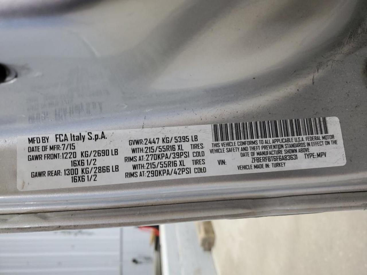 2015 Ram Promaster City Delivery Van VIN: ZFBERFBT6F6A83631 Lot: 93300945