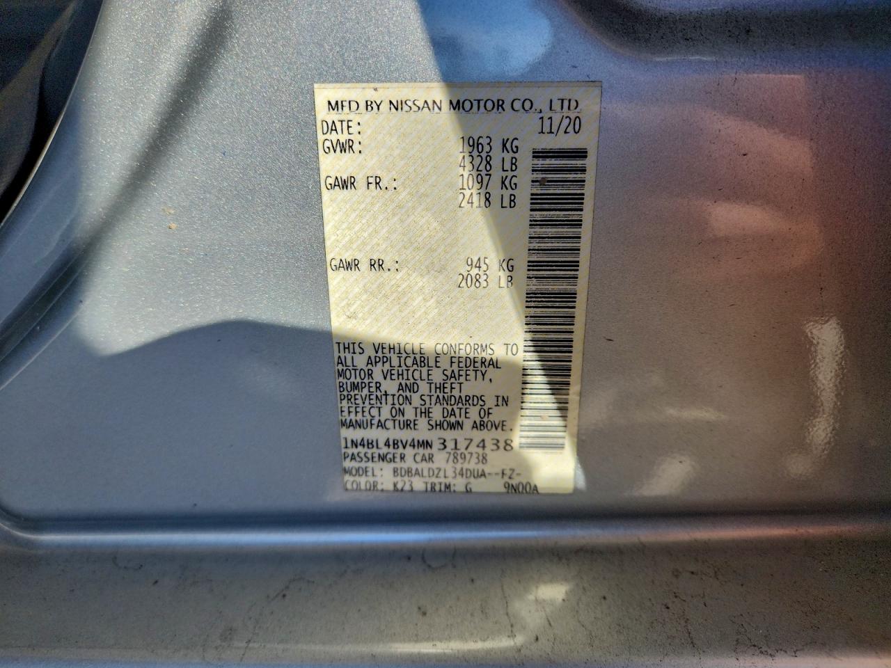 2021 Nissan Altima S VIN: 1N4BL4BV4MN317438 Lot: 94600165