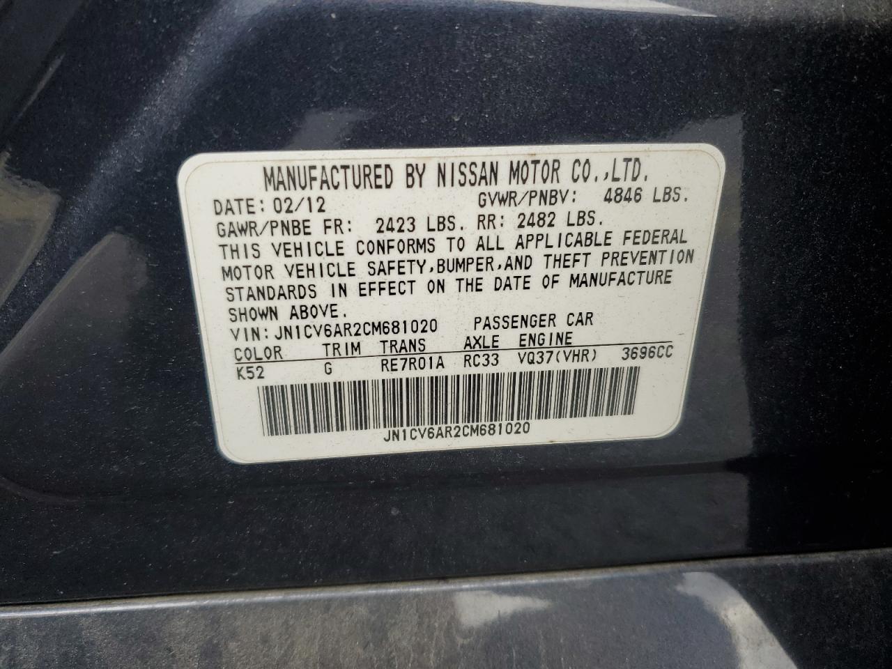 2012 Infiniti G37 VIN: JN1CV6AR2CM681020 Lot: 92429115