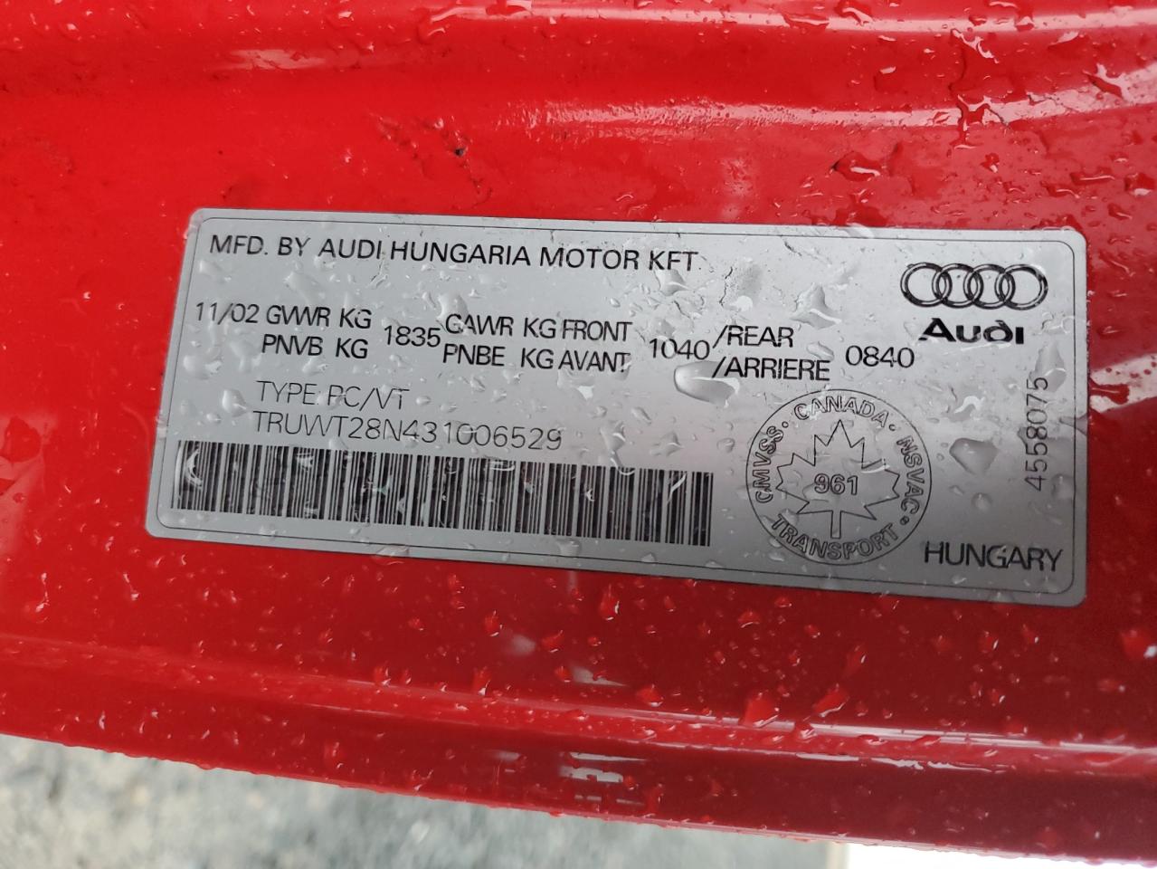 2003 Audi Tt Quattro VIN: TRUWT28N431006529 Lot: 91564255