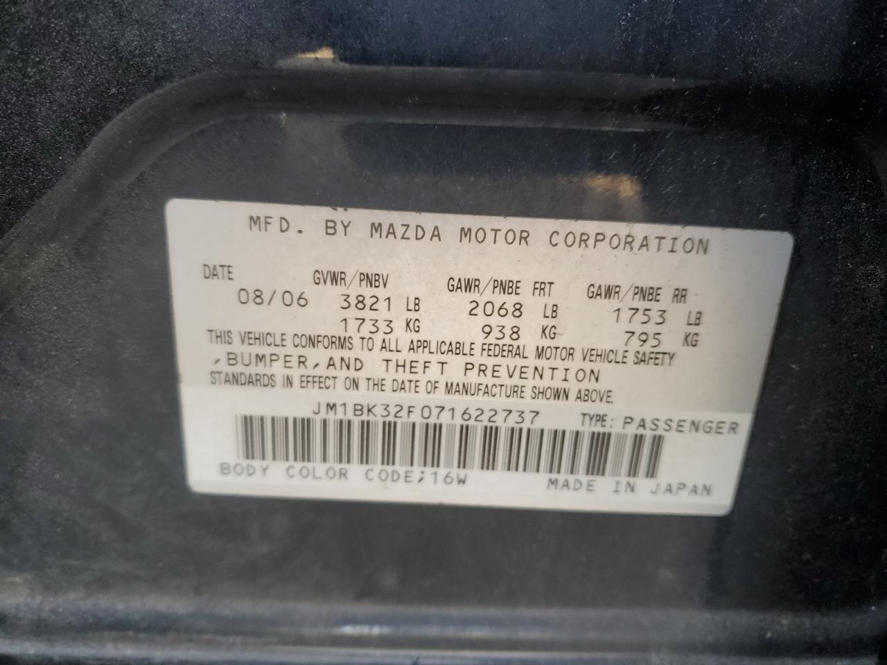 2007 Mazda 3 I VIN: JM1BK32F071622737 Lot: 90978635