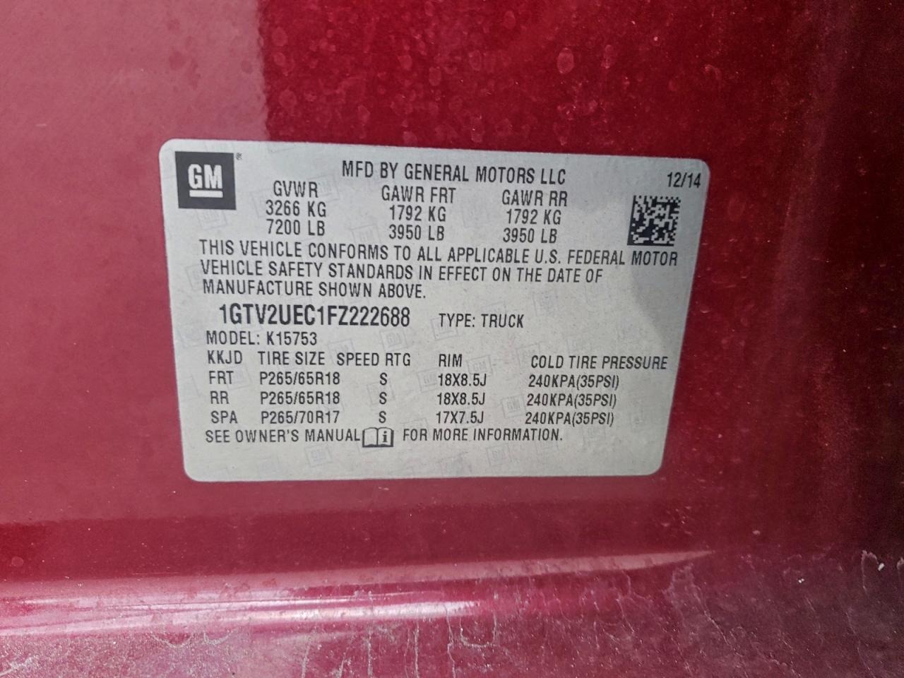 2015 GMC Sierra K1500 Sle VIN: 1GTV2UEC1FZ222688 Lot: 92788855