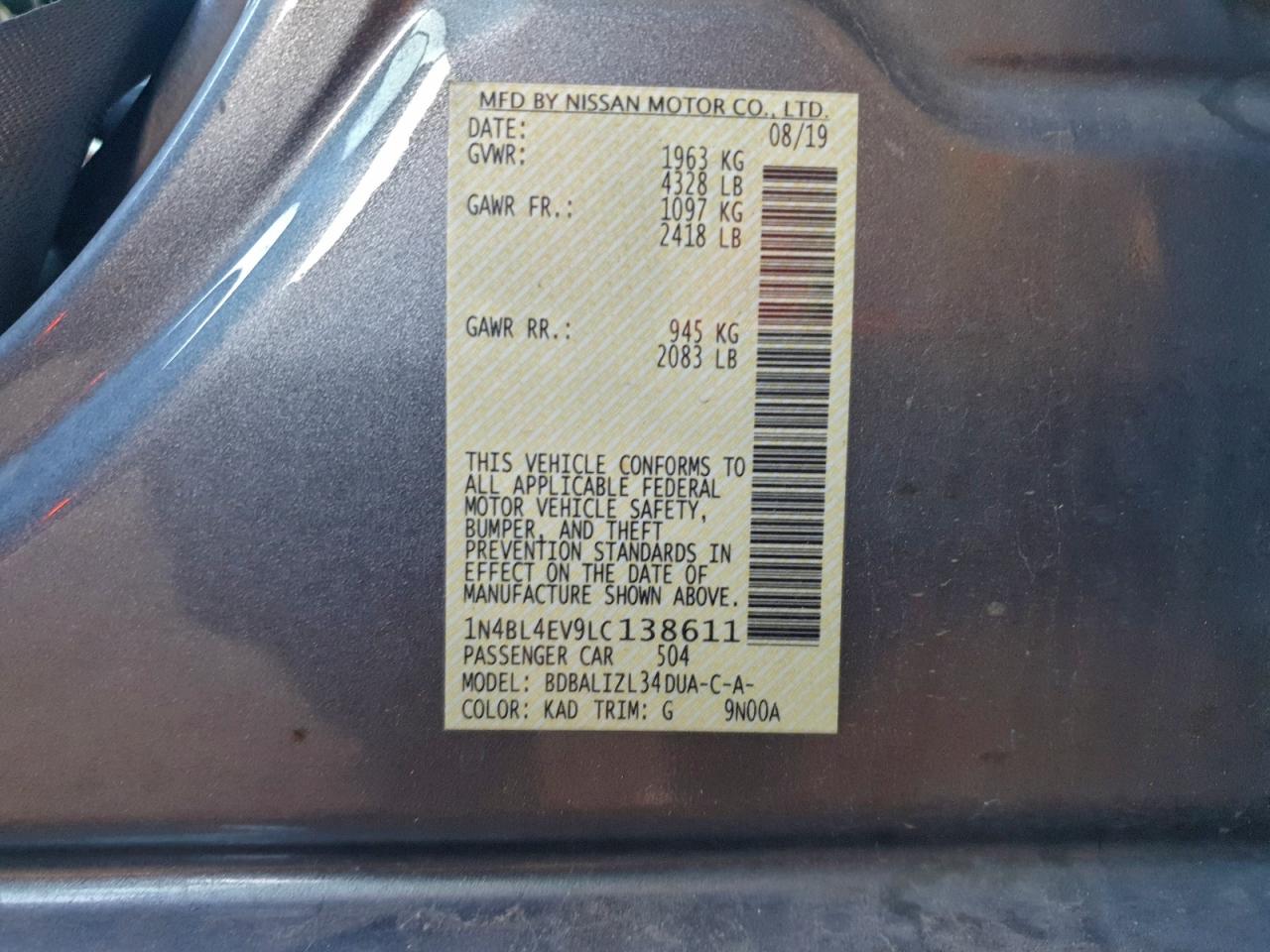 2020 Nissan Altima Sl VIN: 1N4BL4EV9LC138611 Lot: 93835305