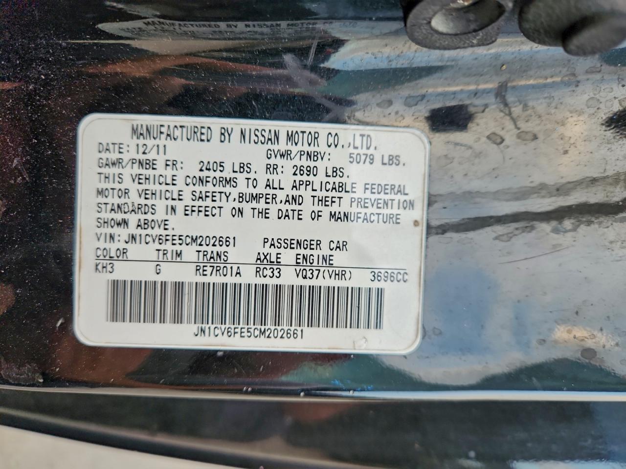 2012 Infiniti G37 Base VIN: JN1CV6FE5CM202661 Lot: 93898285