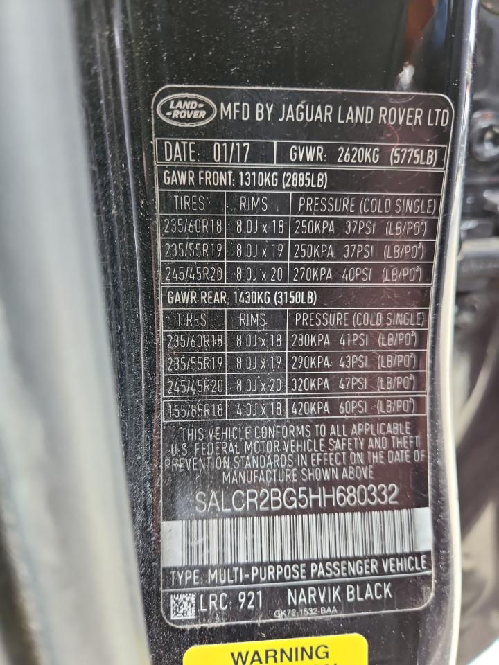 2017 Land Rover Discovery Sport Hse VIN: SALCR2BG5HH680332 Lot: 93103085